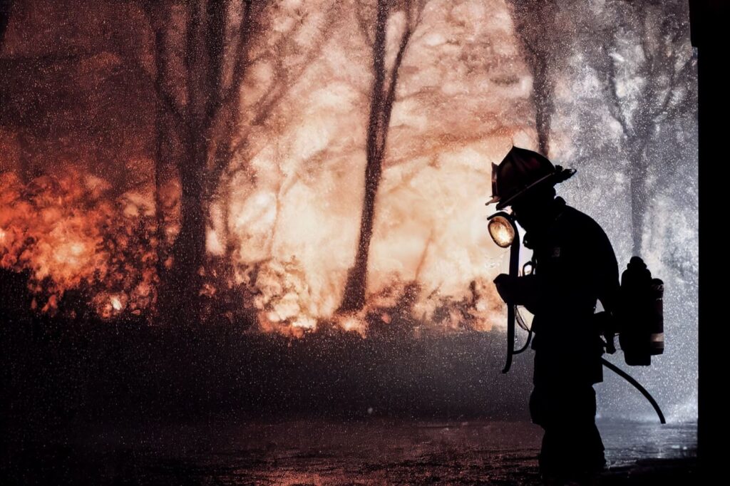 Silhouette Of Firefighter Standing Near Fire At Ni