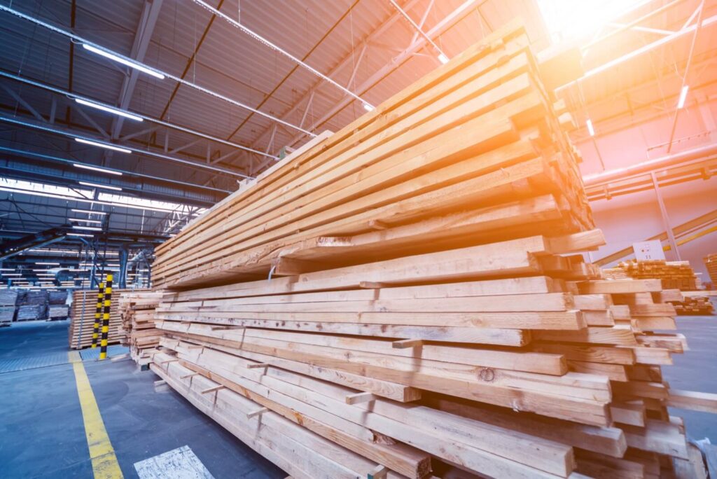 Stacked Lumber Inside A Warehouse Wood Industry